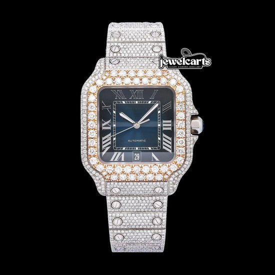 Cartier Santos Blue Dial White Roman Numerals Two Tone Rose Gold Moissanite Watch Front View