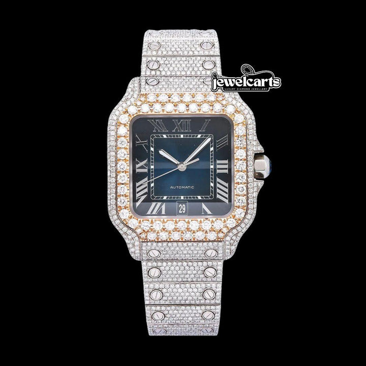Cartier Santos Blue Dial White Roman Numerals Two Tone Rose Gold Moissanite Watch Front View