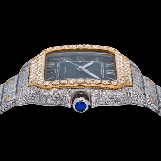 Cartier Santos Blue Dial White Roman Numerals Two Tone Yellow Gold Moissanite Watch Crown View