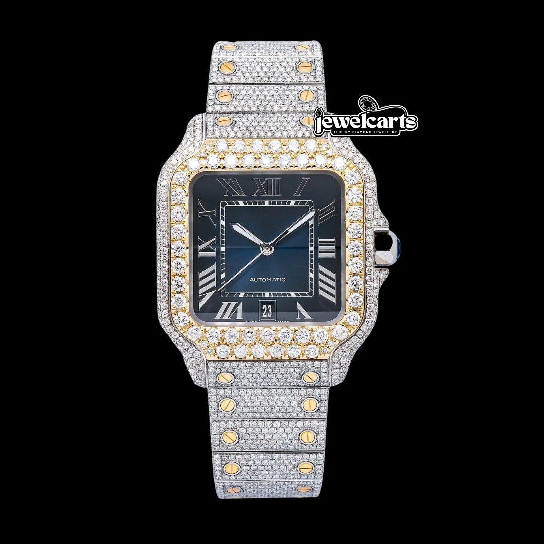Cartier Santos Blue Dial White Roman Numerals Two Tone Yellow Gold Moissanite Watch Front View