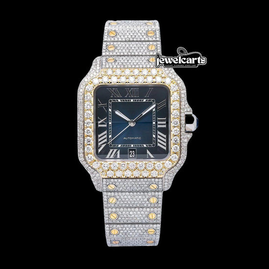 Cartier Santos Blue Dial White Roman Numerals Two Tone Yellow Gold Moissanite Watch Front View