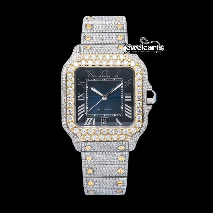 Cartier Santos Blue Dial White Roman Numerals Two Tone Yellow Gold Moissanite Watch Front View
