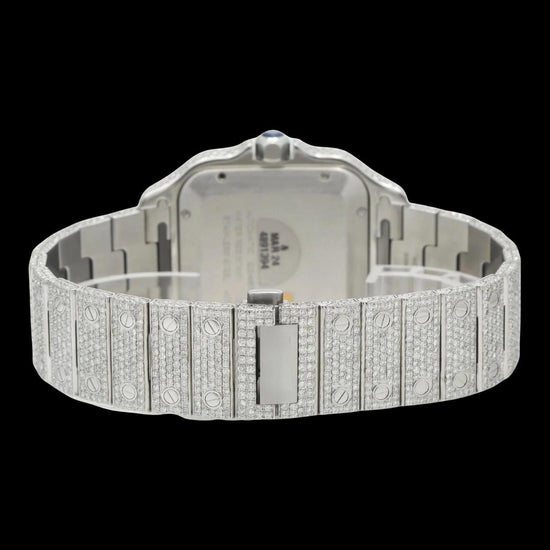 Cartier Santos Blue Roman Dial Diamond Fully Iced Out Moissanite Watch Caseback View