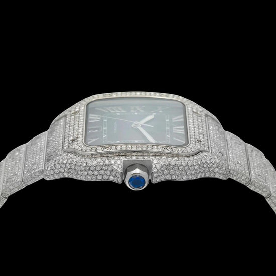 Cartier Santos Blue Roman Dial Diamond Fully Iced Out Moissanite Watch Crown View