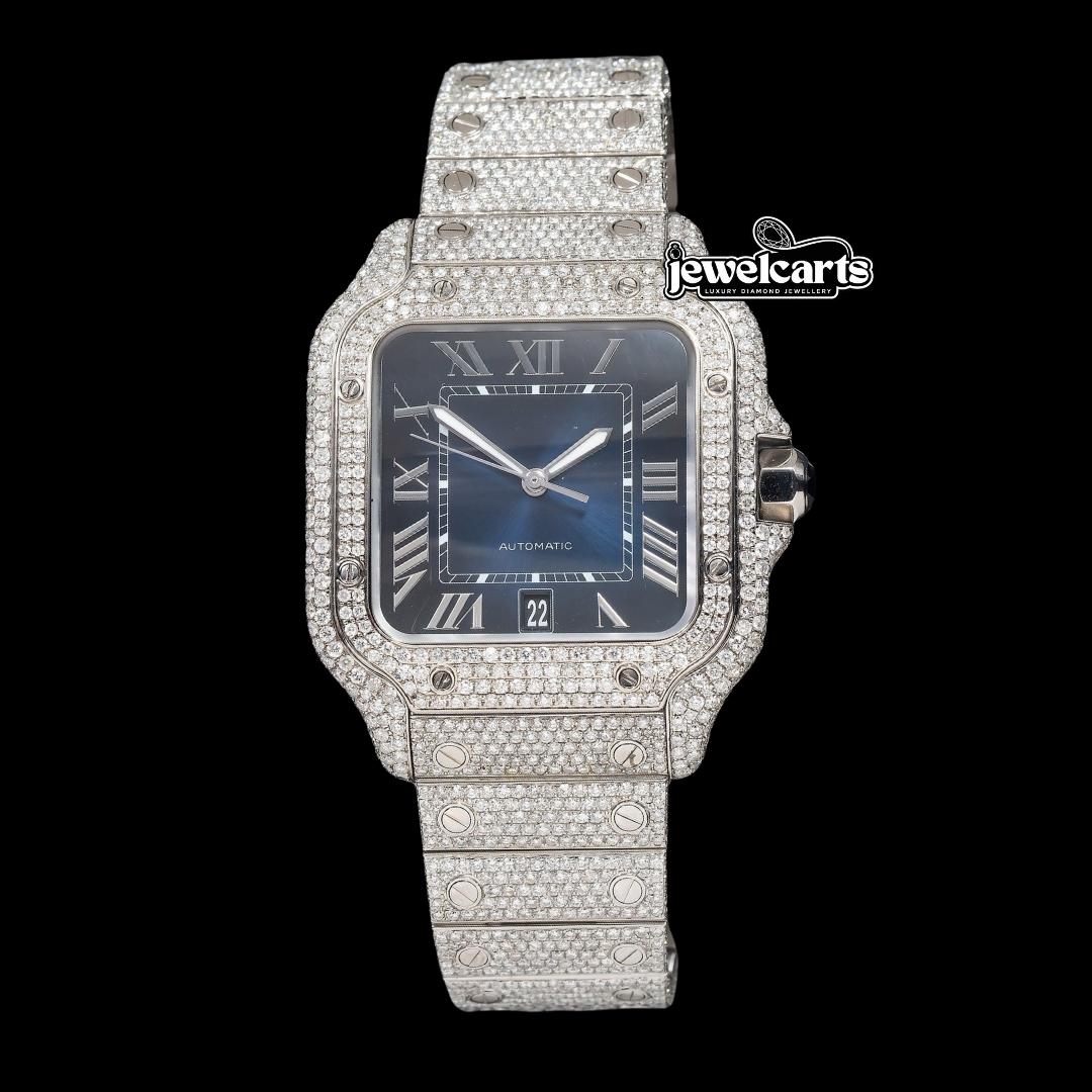 Cartier Santos Blue Roman Dial Diamond Fully Iced Out Moissanite Watch Front View