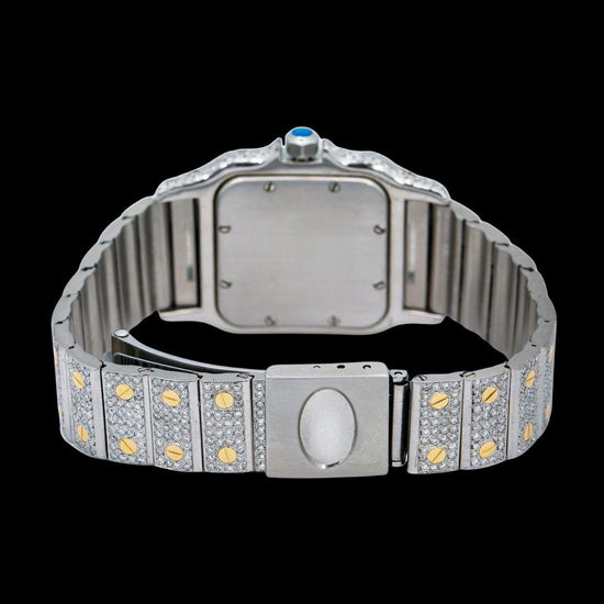 Cartier Santos Champagne Roman Dial Two Tone Yellow Gold Iced Out Moissanite Watch Caseback View