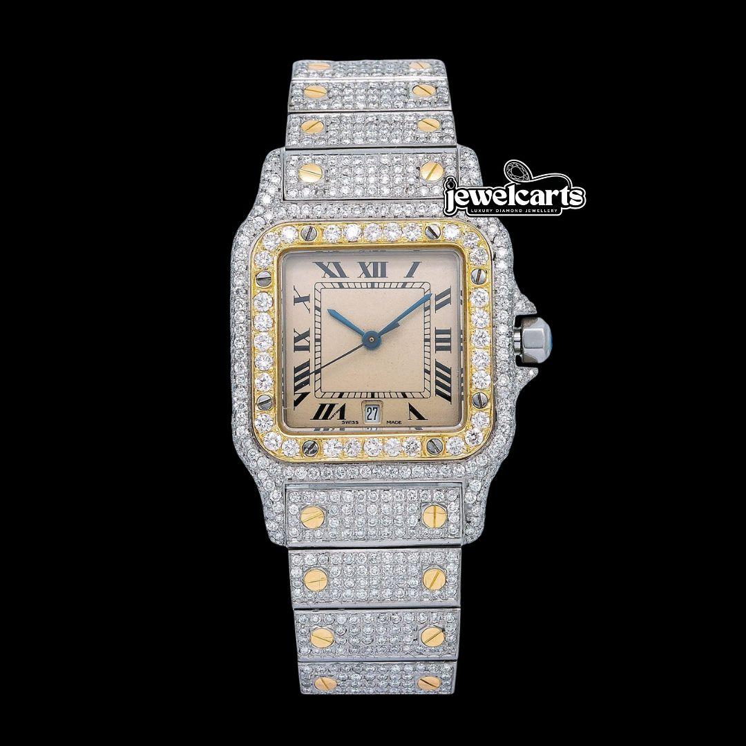 Cartier Santos Champagne Roman Dial Two Tone Yellow Gold Iced Out Moissanite Watch Front View