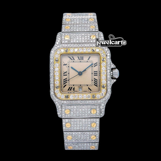 Cartier Santos Champagne Roman Dial Two Tone Yellow Gold Iced Out Moissanite Watch Front View