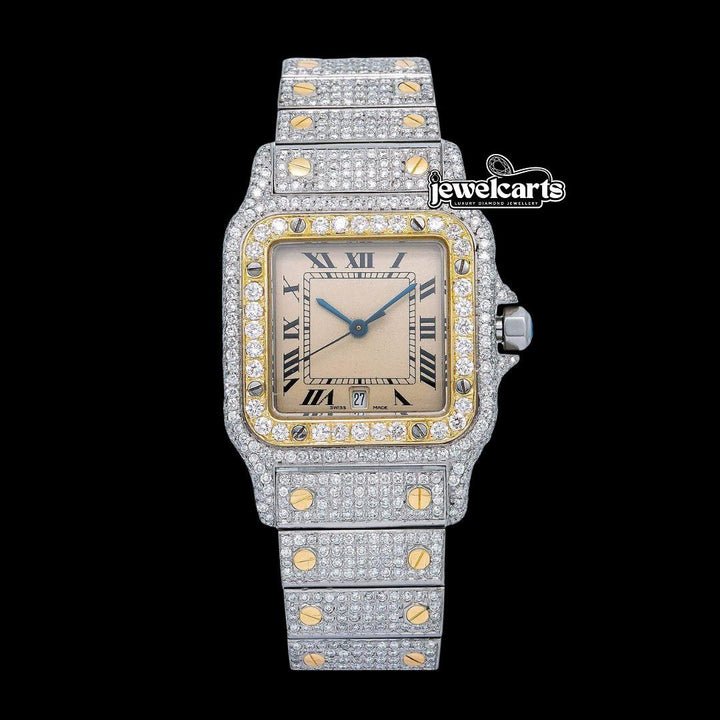Cartier Santos Champagne Roman Dial Two Tone Yellow Gold Iced Out Moissanite Watch Front View