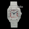Cartier Santos Diamond Paved Dial Red Roman Numerals Fully Iced Out Moissanite Watch