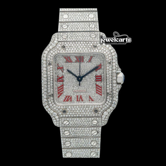 Cartier Santos Diamond Paved Dial Red Roman Numerals Fully Iced Out Moissanite Watch Front View