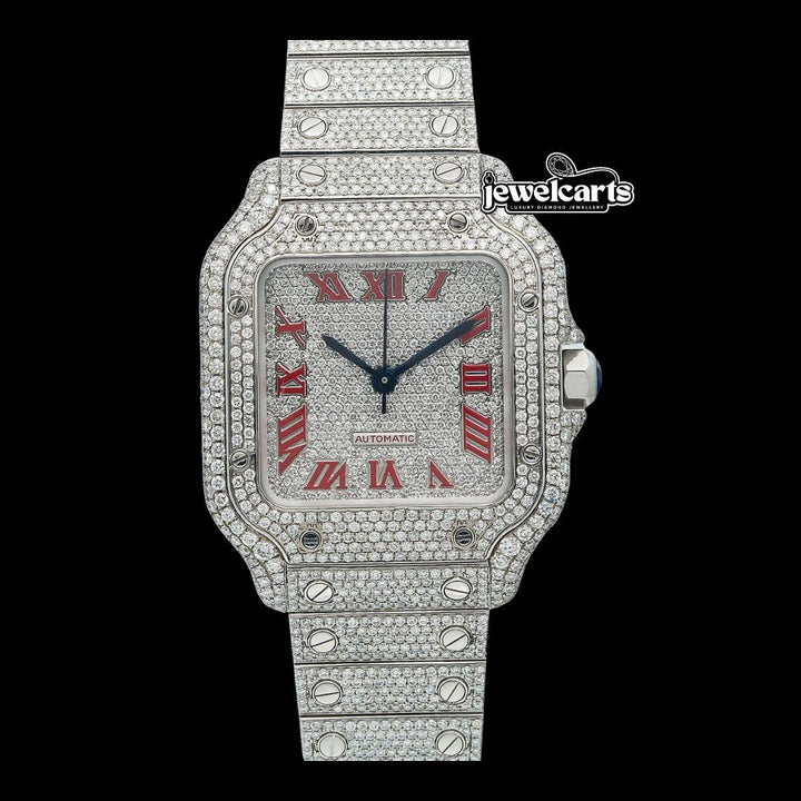 Cartier Santos Diamond Paved Dial Red Roman Numerals Fully Iced Out Moissanite Watch Front View