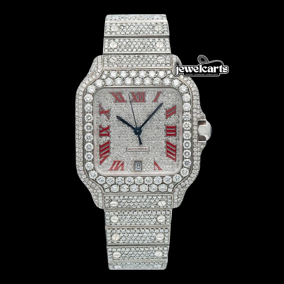 Cartier Santos Red Roman Numerals Dial Fully Iced Out Moissanite Watch Front View