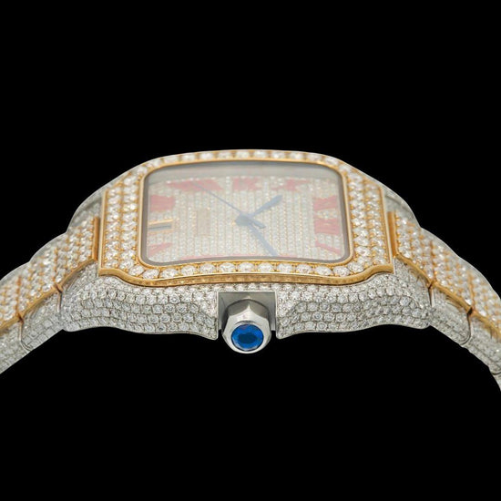 Cartier Santos Red Roman Numerals Dial Two Tone Yellow Gold Moissanite Watch Crown View