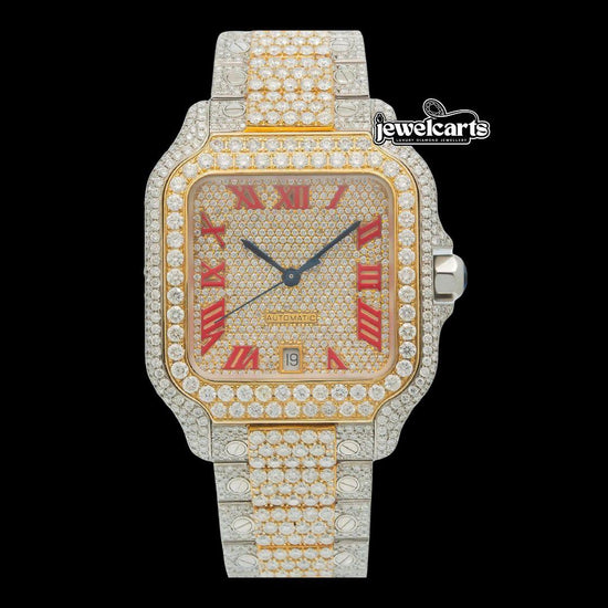 Cartier Santos Red Roman Numerals Dial Two Tone Yellow Gold Moissanite Watch Front View