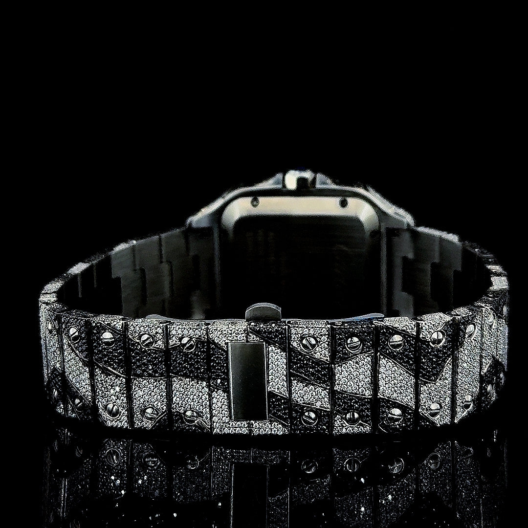 Cartier Santos Roman Dial Black Camo Bracelet Fully Iced Out Moissanite Watch Caseback View