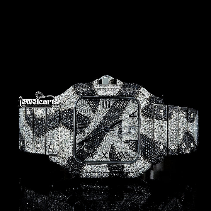 Cartier Santos Roman Dial Black Camo Bracelet Fully Iced Out Moissanite Watch Front View