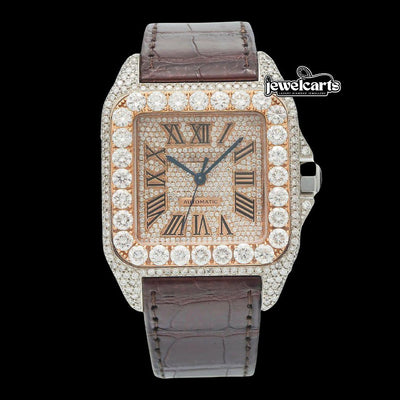 Cartier Santos Roman Dial Dial Diamond Bezel Brown Leather Strap Semi Iced Out Moissanite Watch