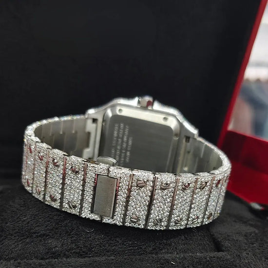 Cartier Santos Roman Dial Fully Iced Out Moissanite Watch Caseback View