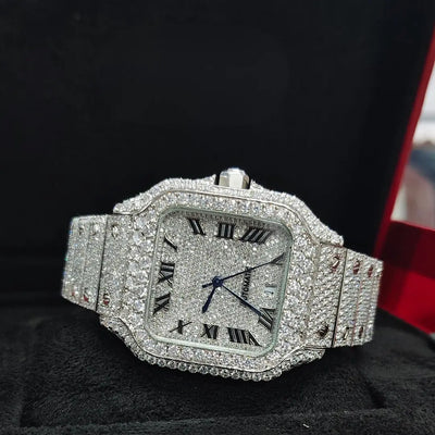 Cartier Santos Roman Dial Fully Iced Out Moissanite Watch