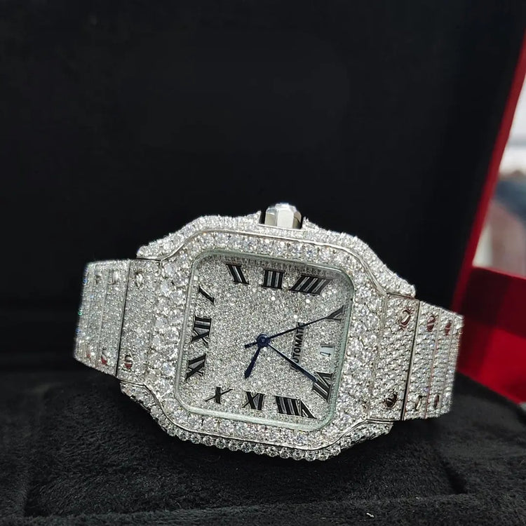 Cartier Santos Roman Dial Fully Iced Out Moissanite Watch Front View