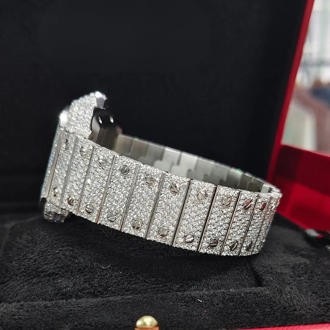 Cartier Santos Roman Dial Fully Iced Out Moissanite Watch Left Profile View