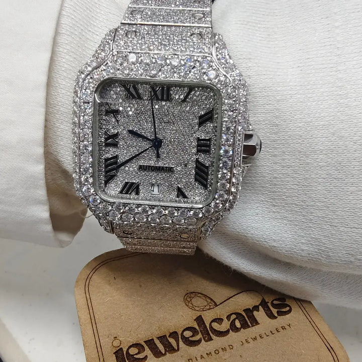 Cartier Santos Roman Dial Fully Iced Out Moissanite Watch On Wrist View