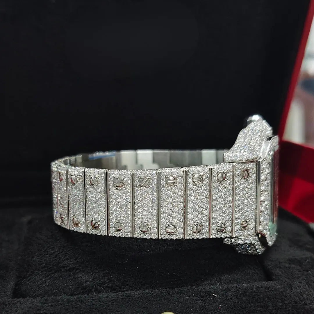 Cartier Santos Roman Dial Fully Iced Out Moissanite Watch Right Profile View