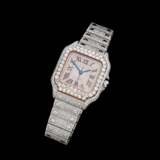 Cartier Santos Rose Gold Dial Roman Numerals Two Tone Fully Iced Out Moissanite Watch Close Up Front View