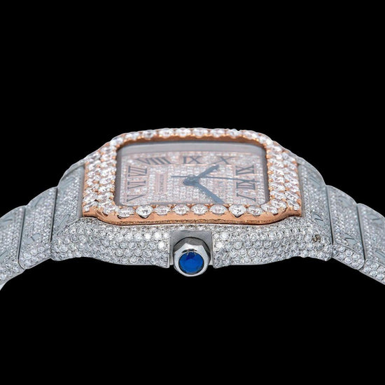 Cartier Santos Rose Gold Dial Roman Numerals Two Tone Fully Iced Out Moissanite Watch Crown View