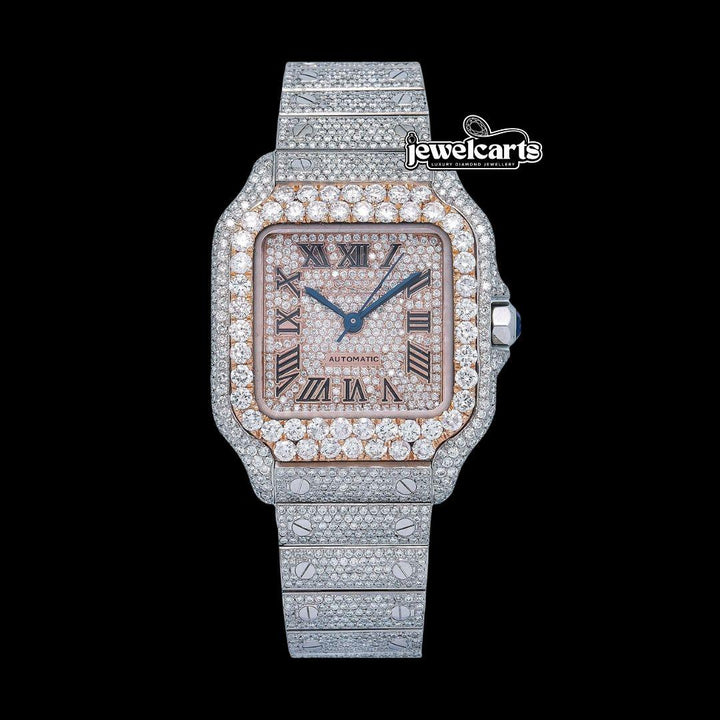 Cartier Santos Rose Gold Dial Roman Numerals Two Tone Fully Iced Out Moissanite Watch Front View