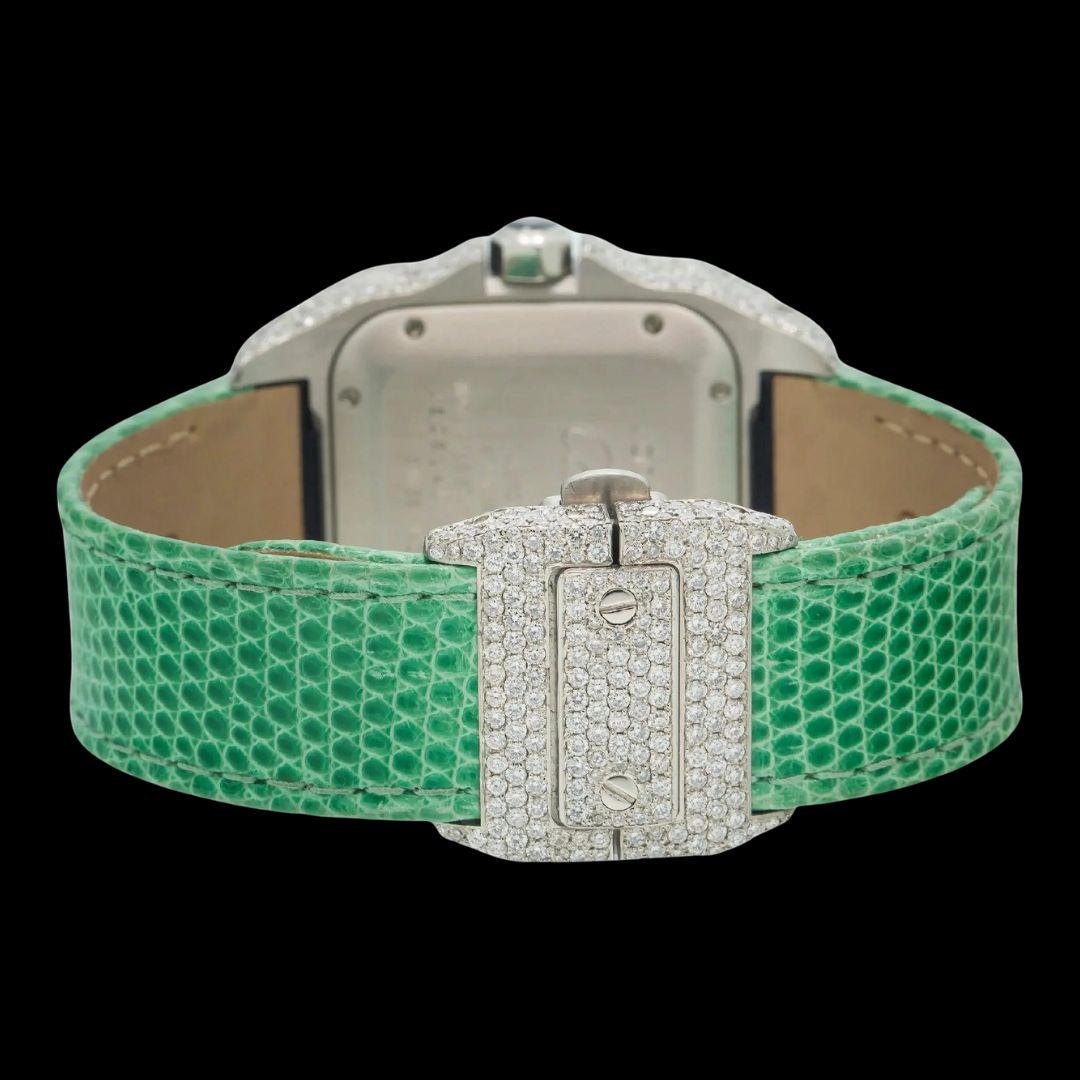 Cartier Santos Rose Gold Roman Dial Green Leather Strap Semi Iced Out Moissanite Watch Caseback View