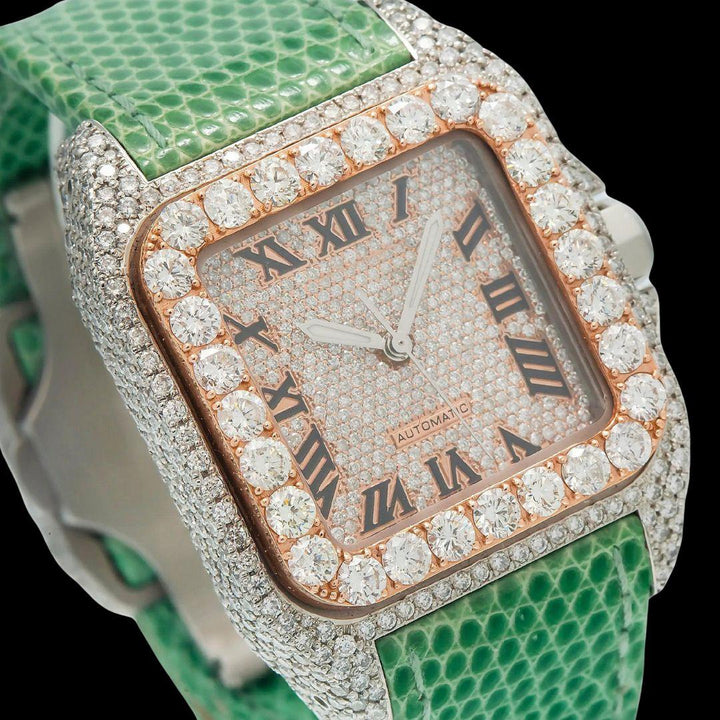Cartier Santos Rose Gold Roman Dial Green Leather Strap Semi Iced Out Moissanite Watch Close Up Dial View