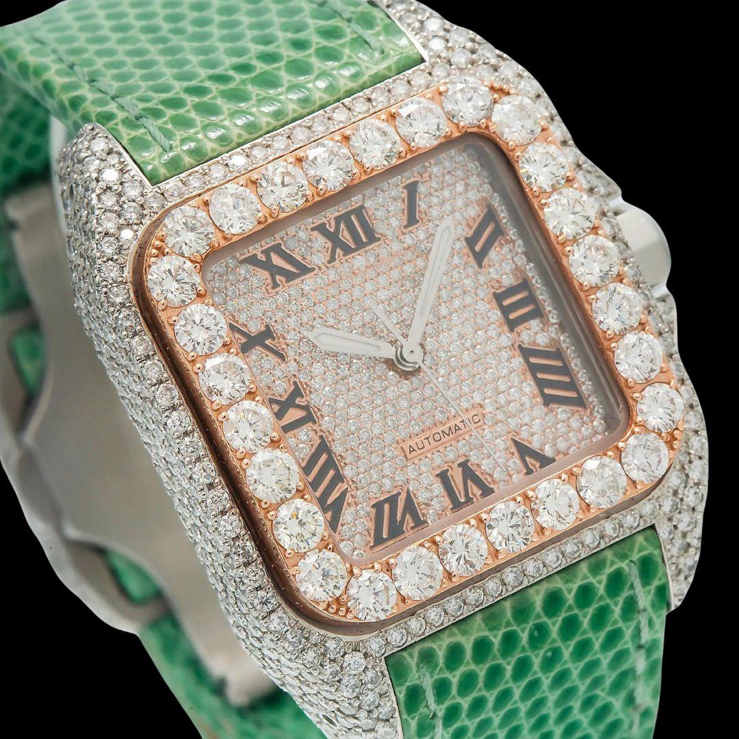 Cartier Santos Rose Gold Roman Dial Green Leather Strap Semi Iced Out Moissanite Watch Close Up Dial View