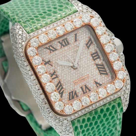 Cartier Santos Rose Gold Roman Dial Green Leather Strap Semi Iced Out Moissanite Watch Close Up Dial View