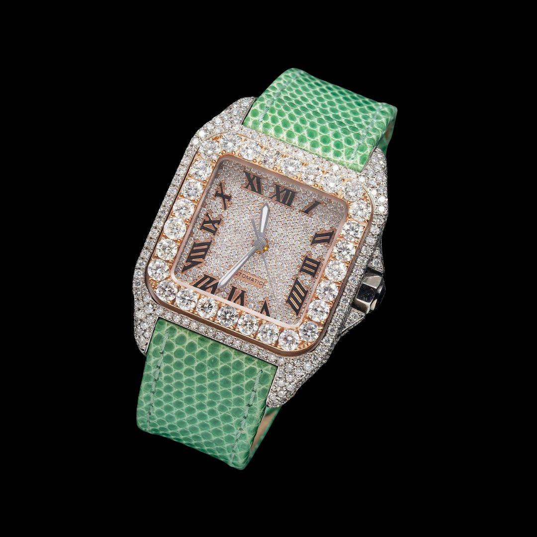 Cartier Santos Rose Gold Roman Dial Green Leather Strap Semi Iced Out Moissanite Watch Close Up Front View