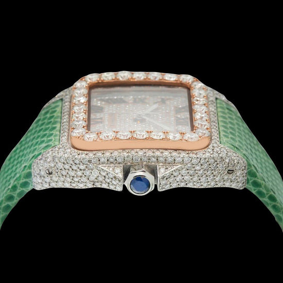 Cartier Santos Rose Gold Roman Dial Green Leather Strap Semi Iced Out Moissanite Watch Crown View
