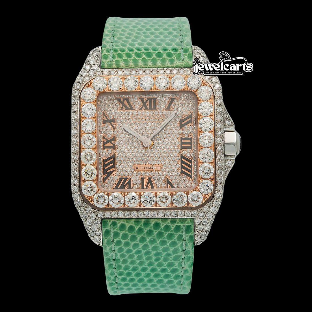 Cartier Santos Rose Gold Roman Dial Green Leather Strap Semi Iced Out Moissanite Watch Front View