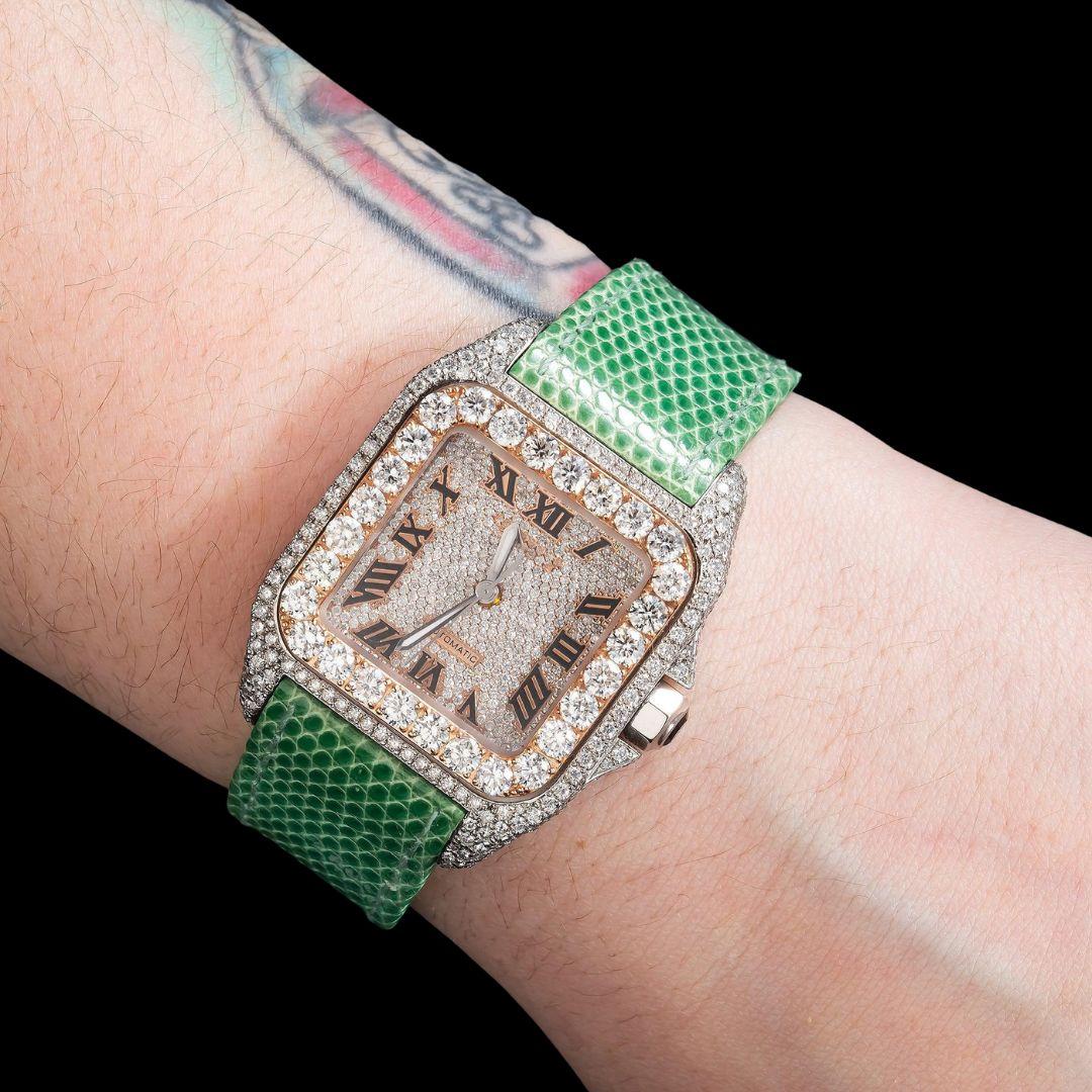 Cartier Santos Rose Gold Roman Dial Green Leather Strap Semi Iced Out Moissanite Watch On Wrist View
