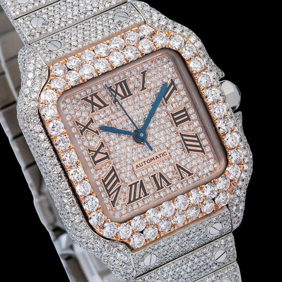 Cartier Santos Rose Gold Roman Dial Two Tone Fully Iced Out Moissanite Watch Close Up Dial View