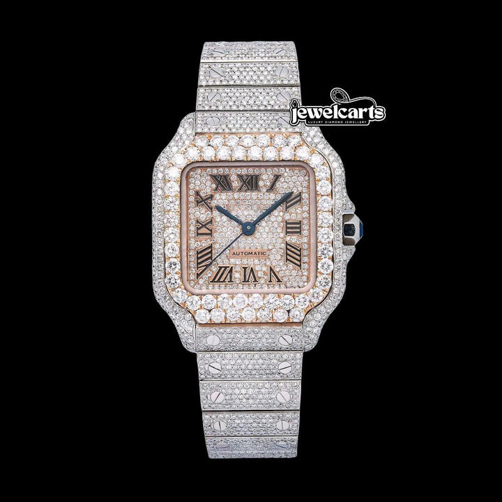 Cartier Santos Rose Gold Roman Dial Two Tone Fully Iced Out Moissanite Watch Front View