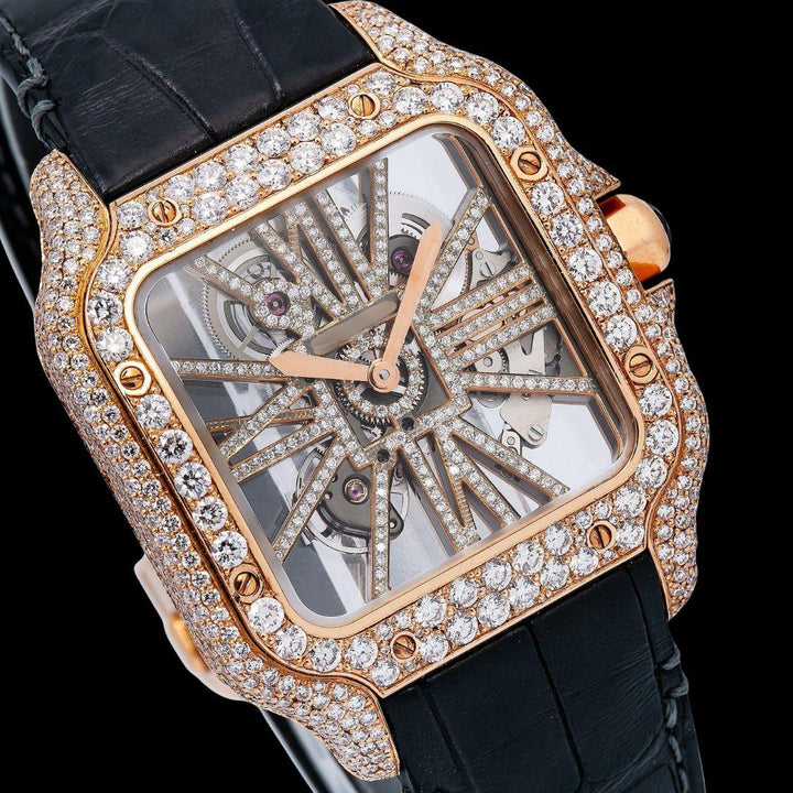 Cartier Santos Skeleton Roman Dial Yellow Gold Semi Iced Out Leather Strap Moissanite Watch Close Up Dial View