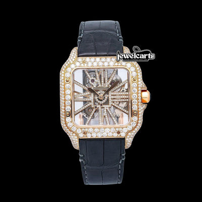 Cartier Santos Skeleton Roman Dial Yellow Gold Semi Iced Out Leather Strap Moissanite Watch