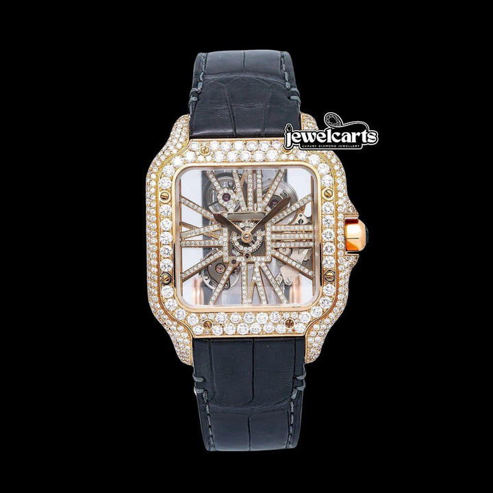 Cartier Santos Skeleton Roman Dial Yellow Gold Semi Iced Out Leather Strap Moissanite Watch Front View