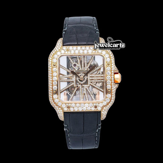 Cartier Santos Skeleton Roman Dial Yellow Gold Semi Iced Out Leather Strap Moissanite Watch Front View