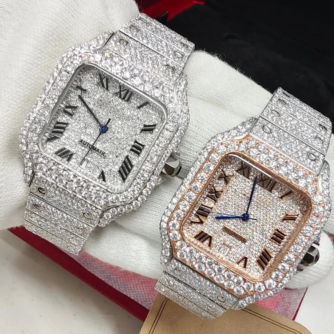 Cartier Santos Watch Fully Iced Out Rose Gold and White Gold Close Up Front View