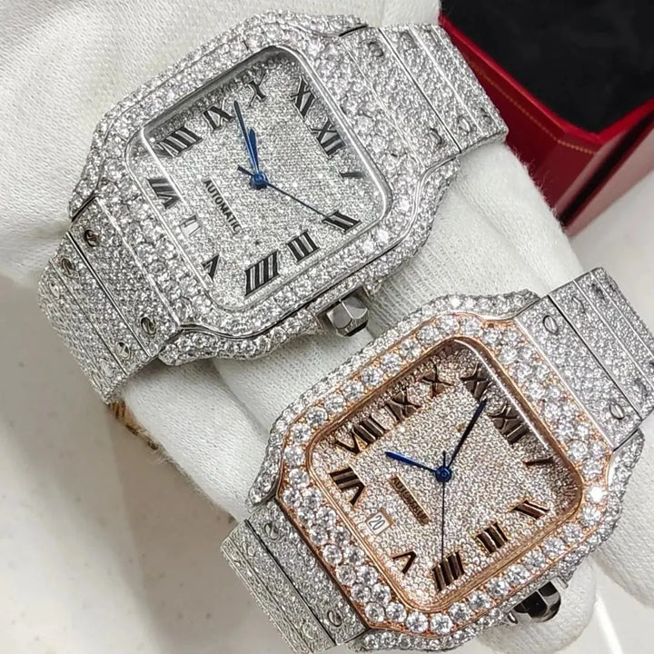 Cartier Santos Watch Fully Iced Out Rose Gold and White Gold Front View