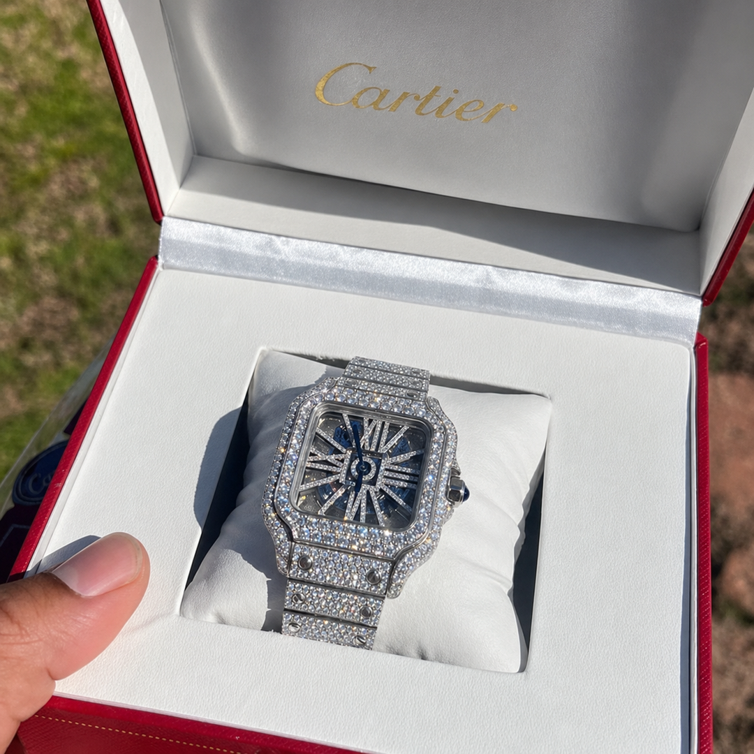 Cartier Santos Watch style with moissanite stones