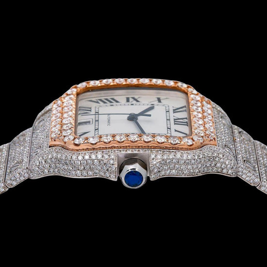 Cartier Santos White Dial Black Roman Numerals Two Tone Rose Gold Moissanite Watch Crown View