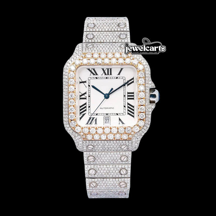 Cartier Santos White Dial Black Roman Numerals Two Tone Rose Gold Moissanite Watch Front View